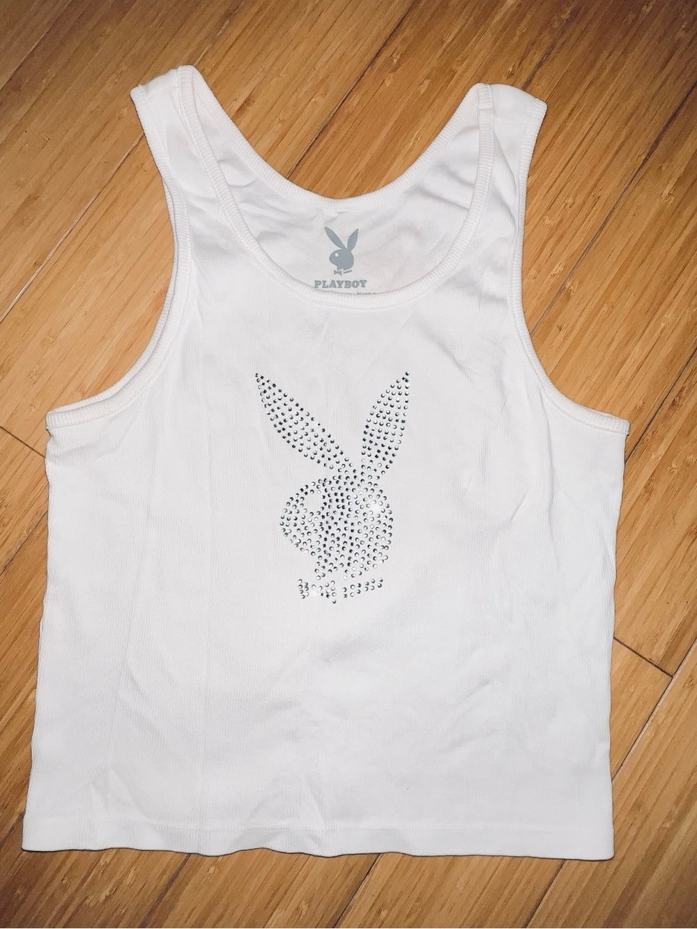 Authentic playboy rhinestone bedazzled white medium crop top y2k